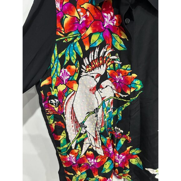 Diane Gilman Black Silk Shirt Cockatoo Tropical Bird Floral Print Sz Medium - Picture 4 of 10